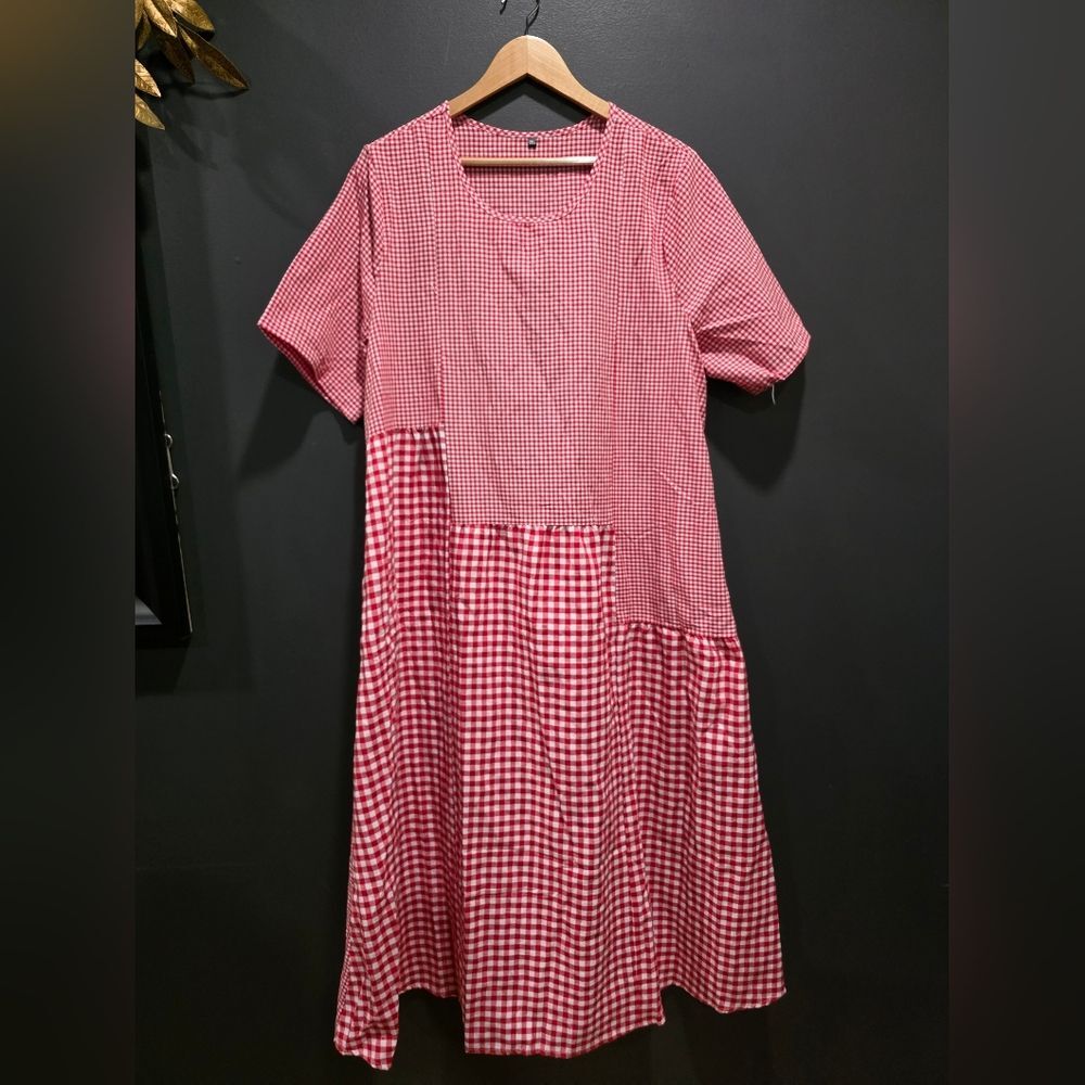 Red & White Gingham Patchwork Micro Short Sleeve Midi Dress House Patio 1XL